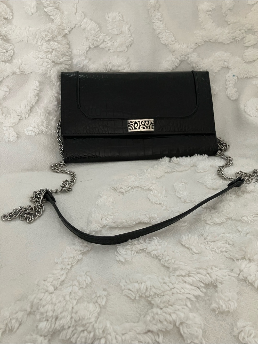 Black Croc-Embossed Chain Crossbody Bag